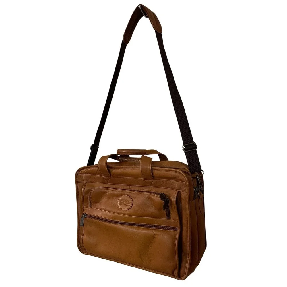 Claire Chase Distressed Tan Leather Laptop Briefcase Shoulder Bag Carry On Large